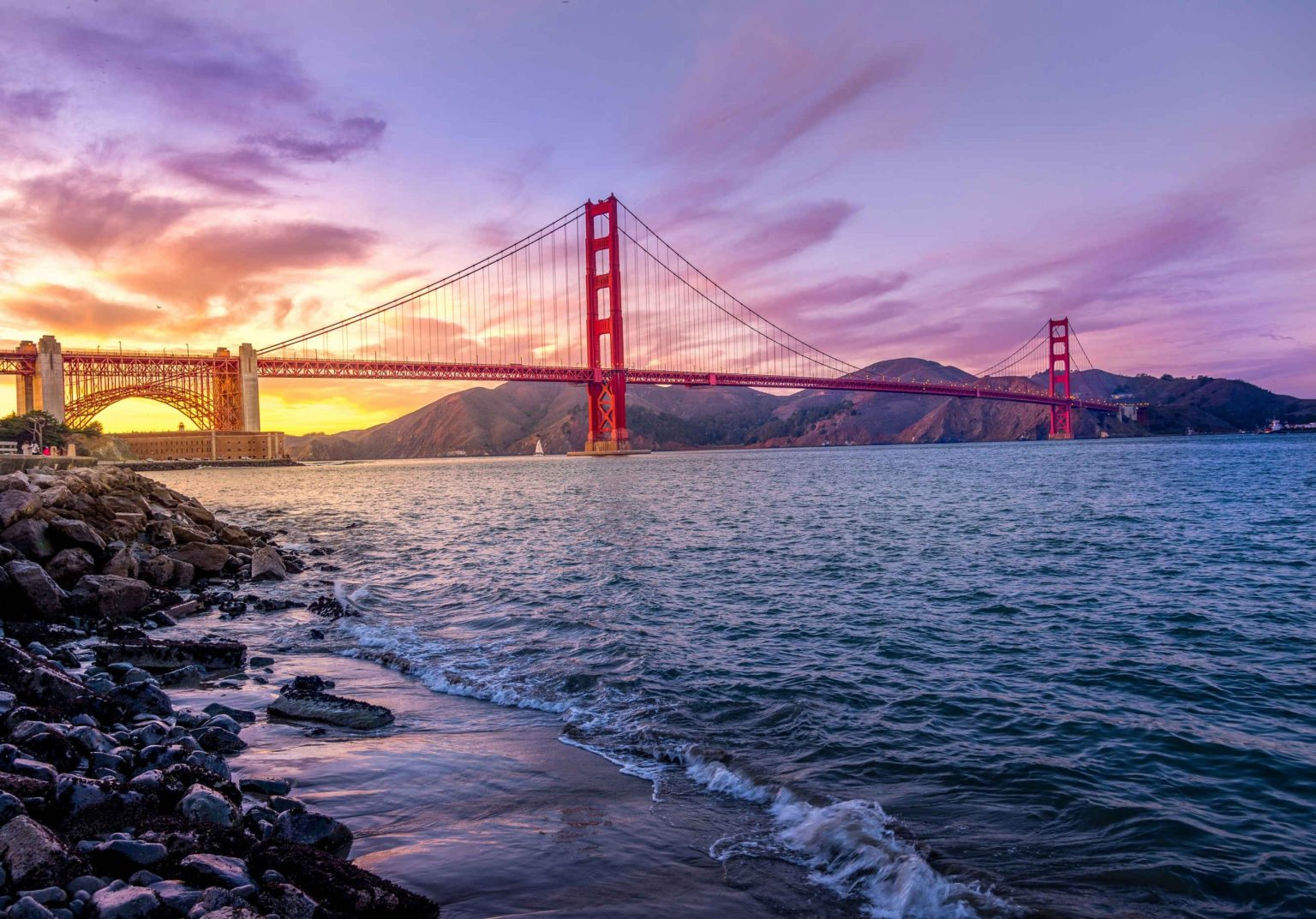 Golden Gate Bridge at sunset from the rocky San Francisco shoreline