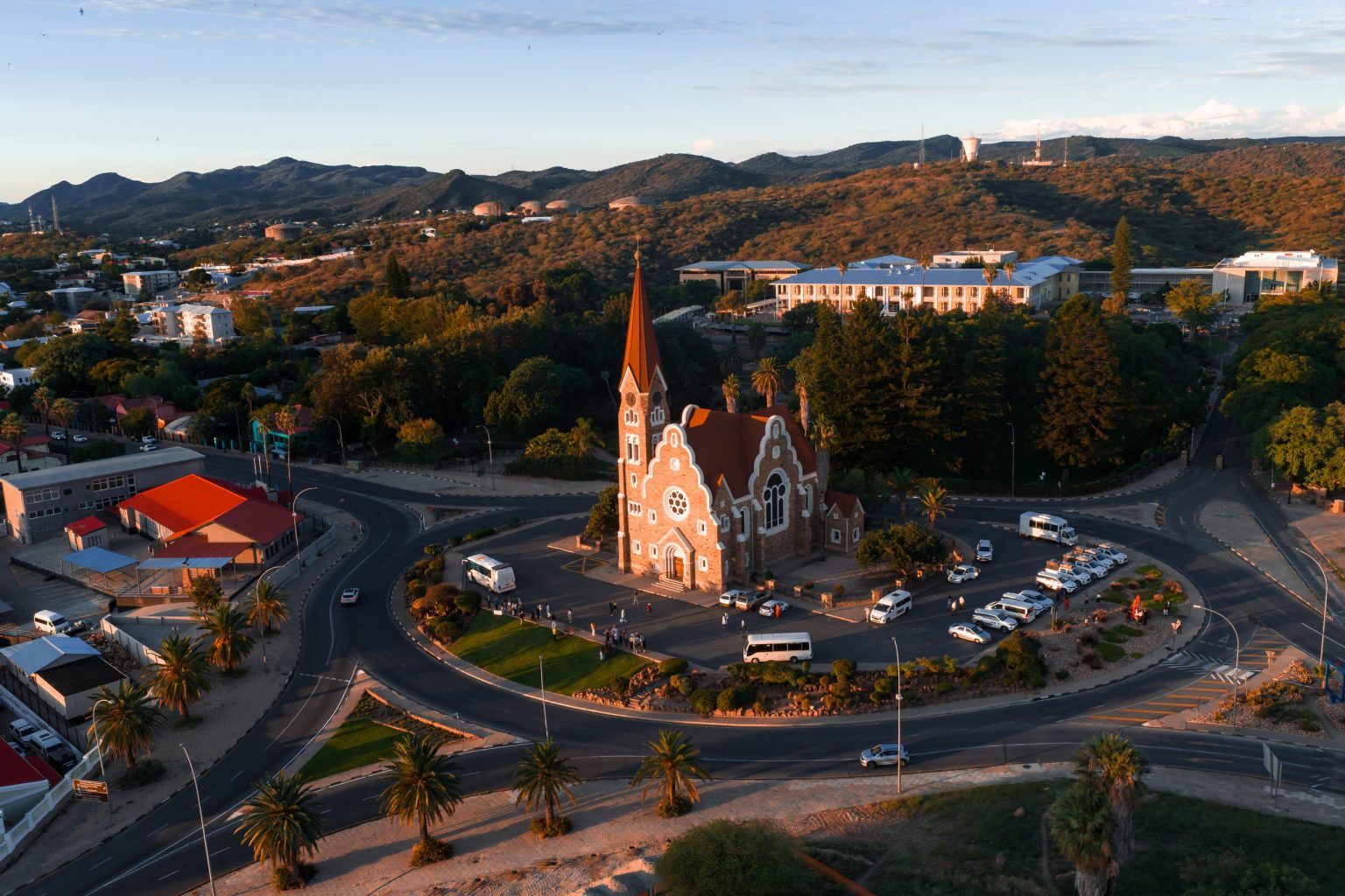 Aerial view of the Christuskirche in Windhoek at sunset