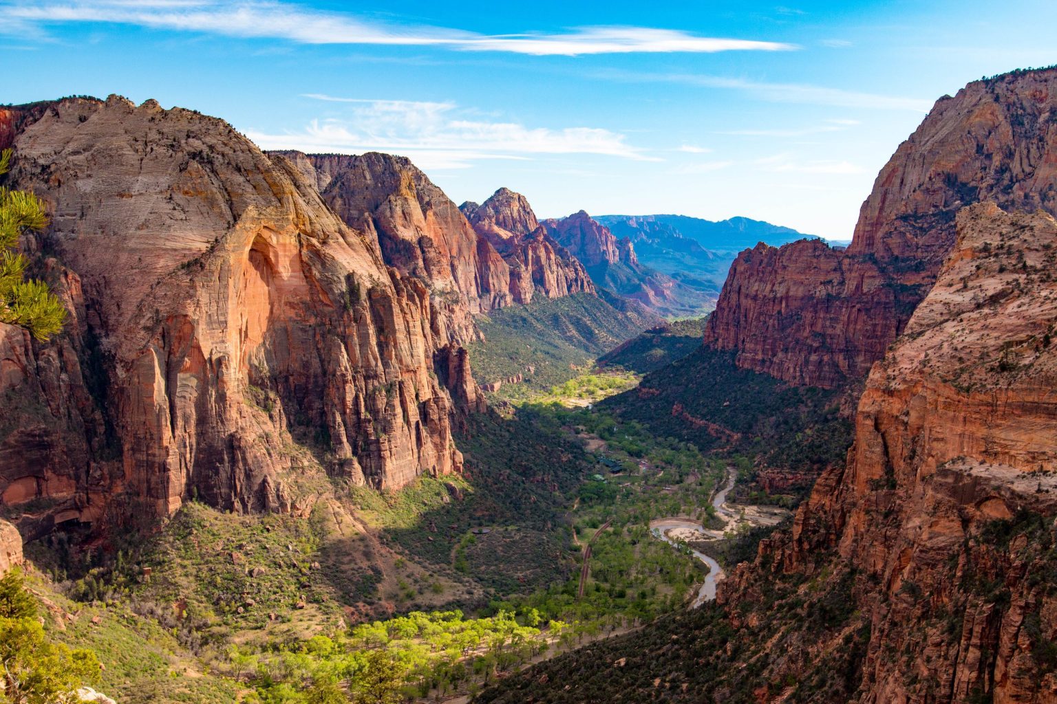 Zion Canyon and Angels Landing above the Virgin River, Utah