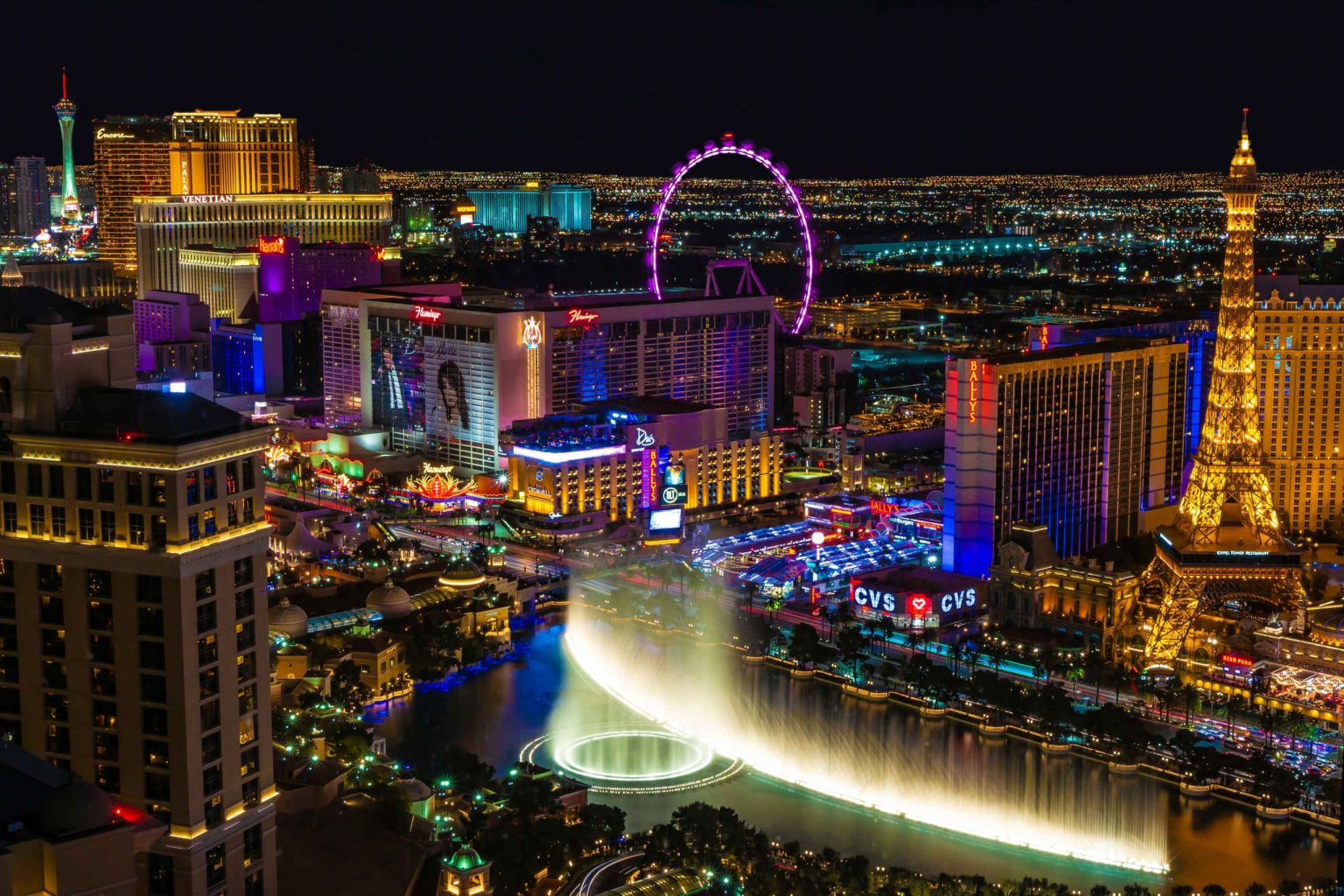 Las Vegas Strip and Bellagio fountains lit up at night